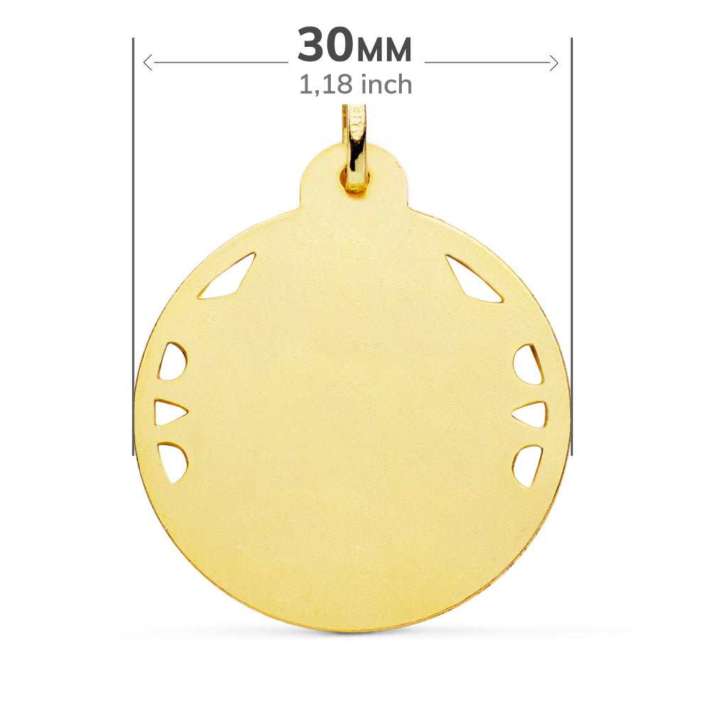 18K MEDALLA ORO AMARILLO CRISTO SAGRADO CORAZON DE JESUS CALADO CERCO HELICE TALLADO 30 MM