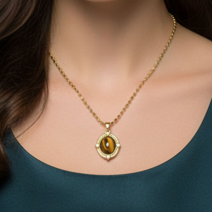Collar Gargantilla Ojo de Tigre | Acero Dorado Chapado Oro 14K con Circonitas
