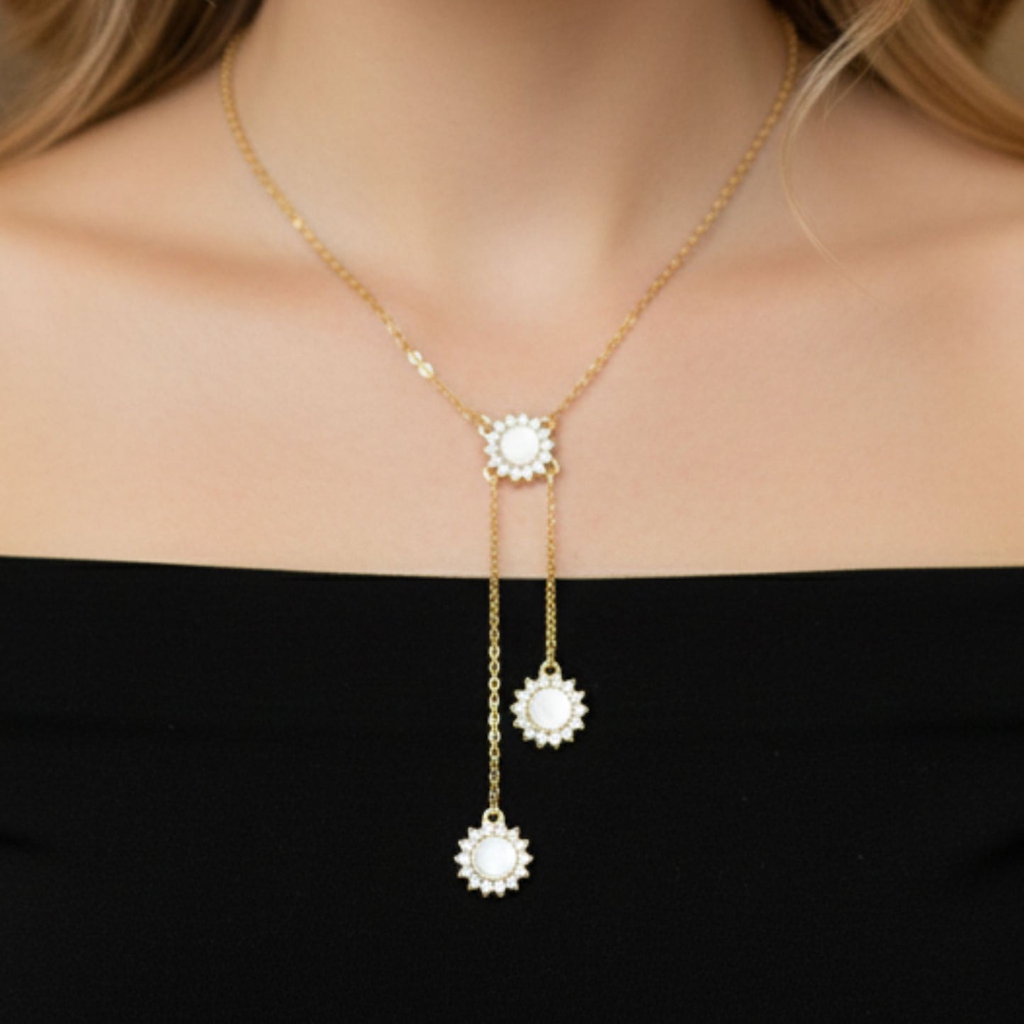 Collar Gargantilla Sol Dorado con Nácar y Circonitas | Acero Inoxidable Chapado Oro 14K