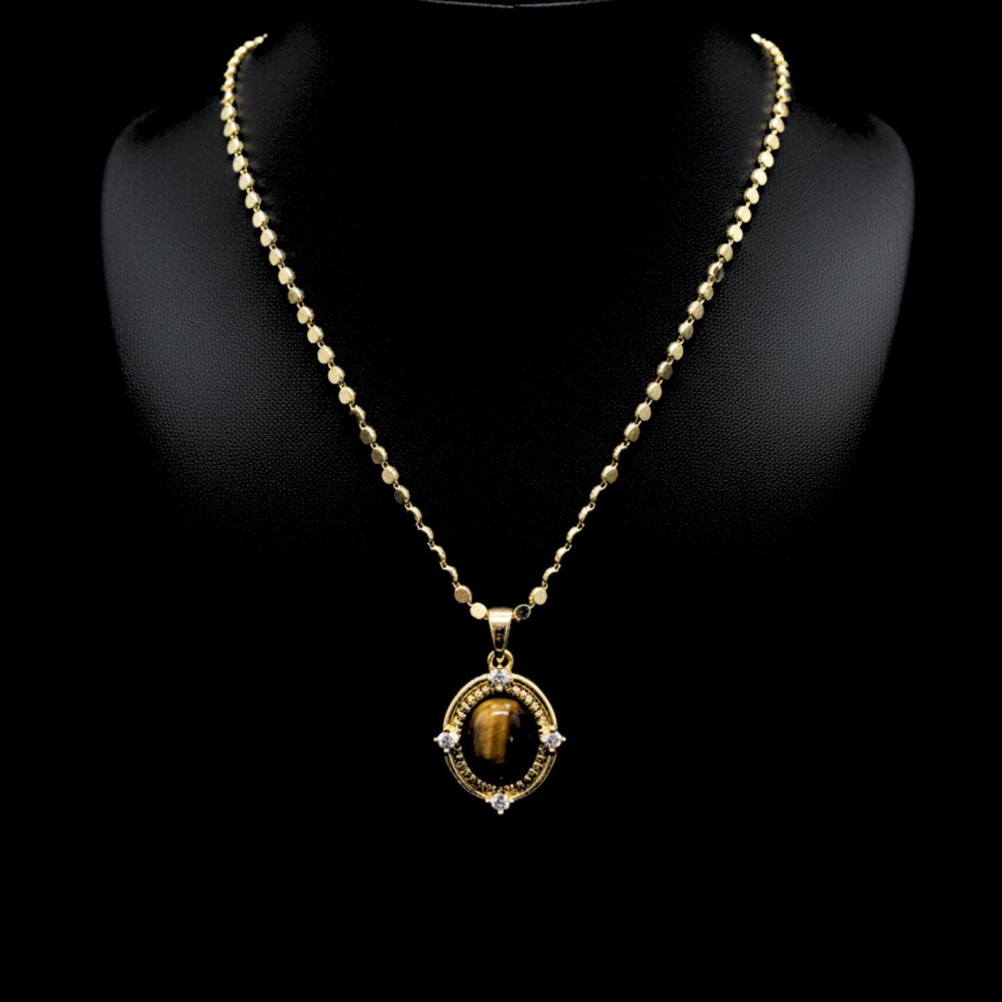 Collar Gargantilla Ojo de Tigre | Acero Dorado Chapado Oro 14K con Circonitas
