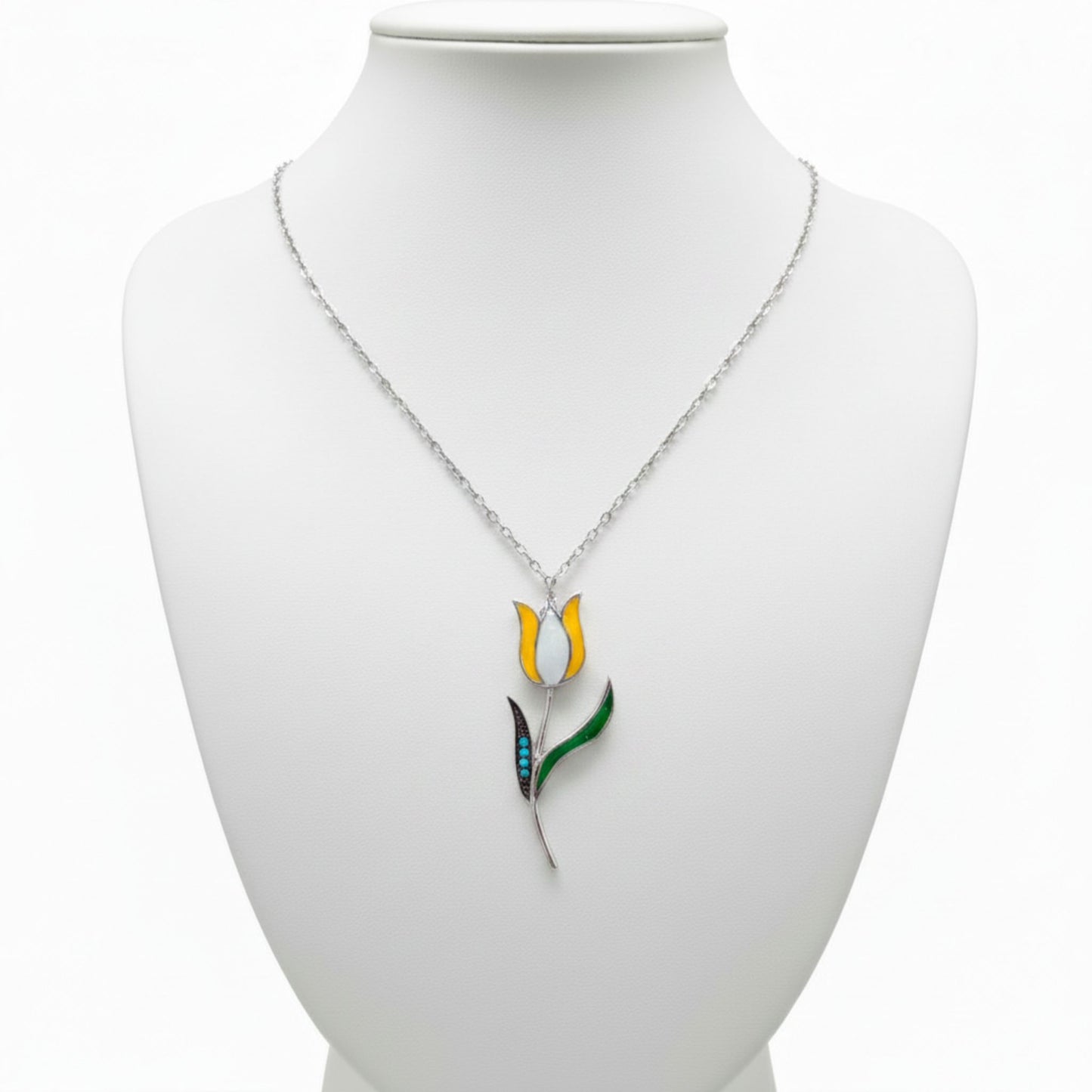 Collar Gargantilla Plata 925 Tulipán con Esmalte y Turquesas Naturales Joyeria Osnor