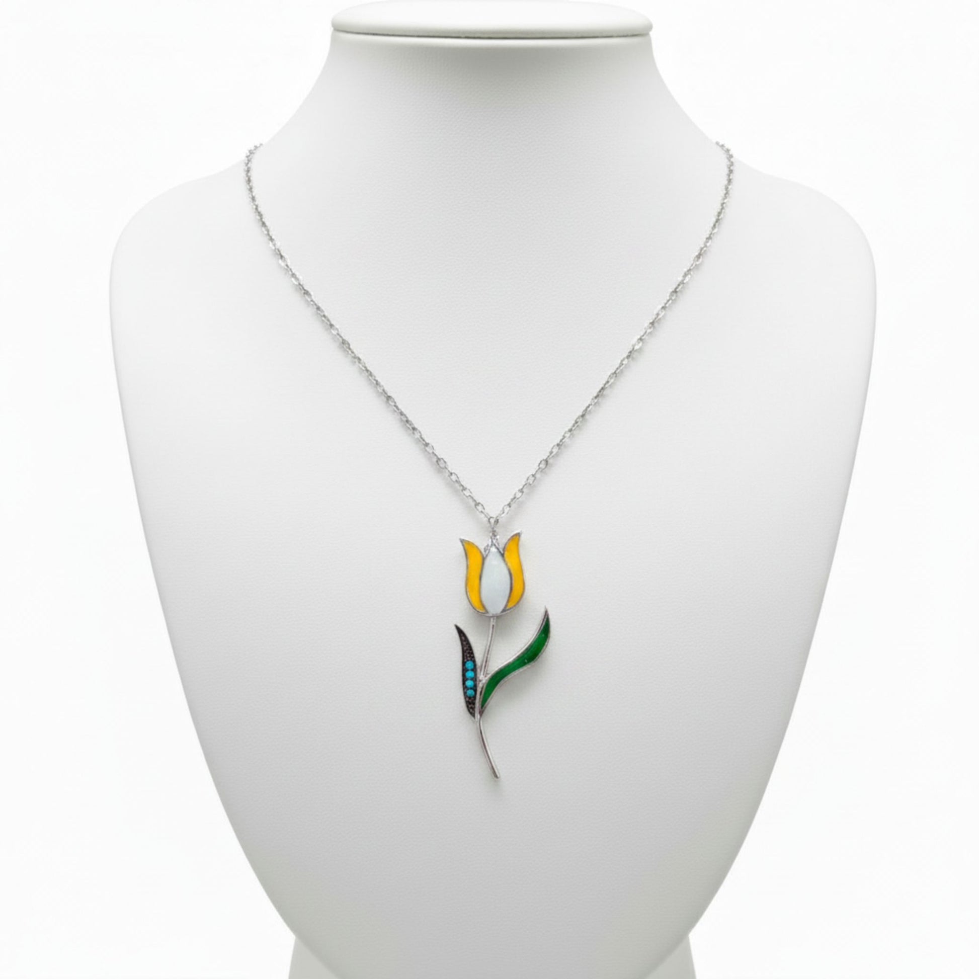 Collar Gargantilla Plata 925 Tulipán con Esmalte y Turquesas Naturales Joyeria Osnor