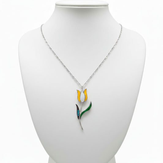 Collar Gargantilla Plata 925 Tulipán con Esmalte y Turquesas Naturales Joyeria Osnor