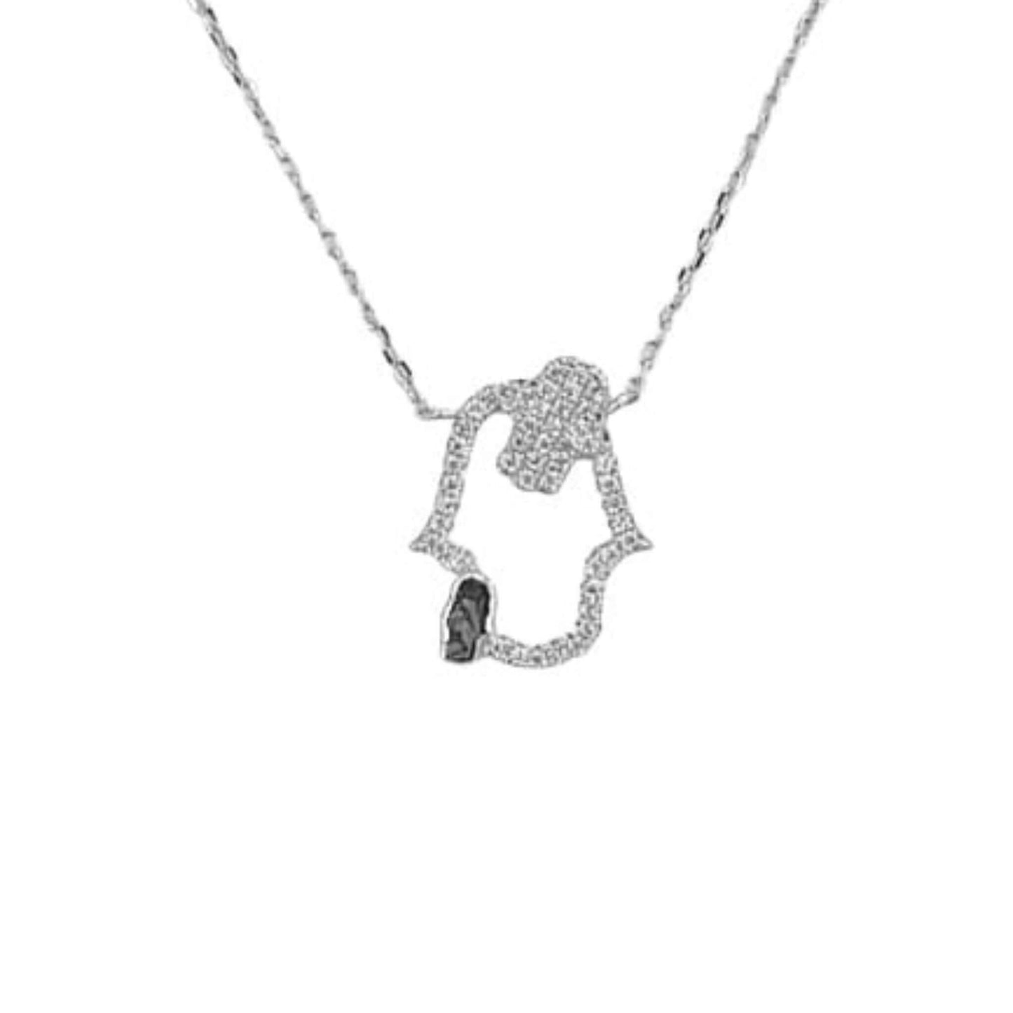 Collar Gargantilla Plata 925 Mano de Fátima Hamsa Calada con Circonitas Blancas Joyeria Osnor