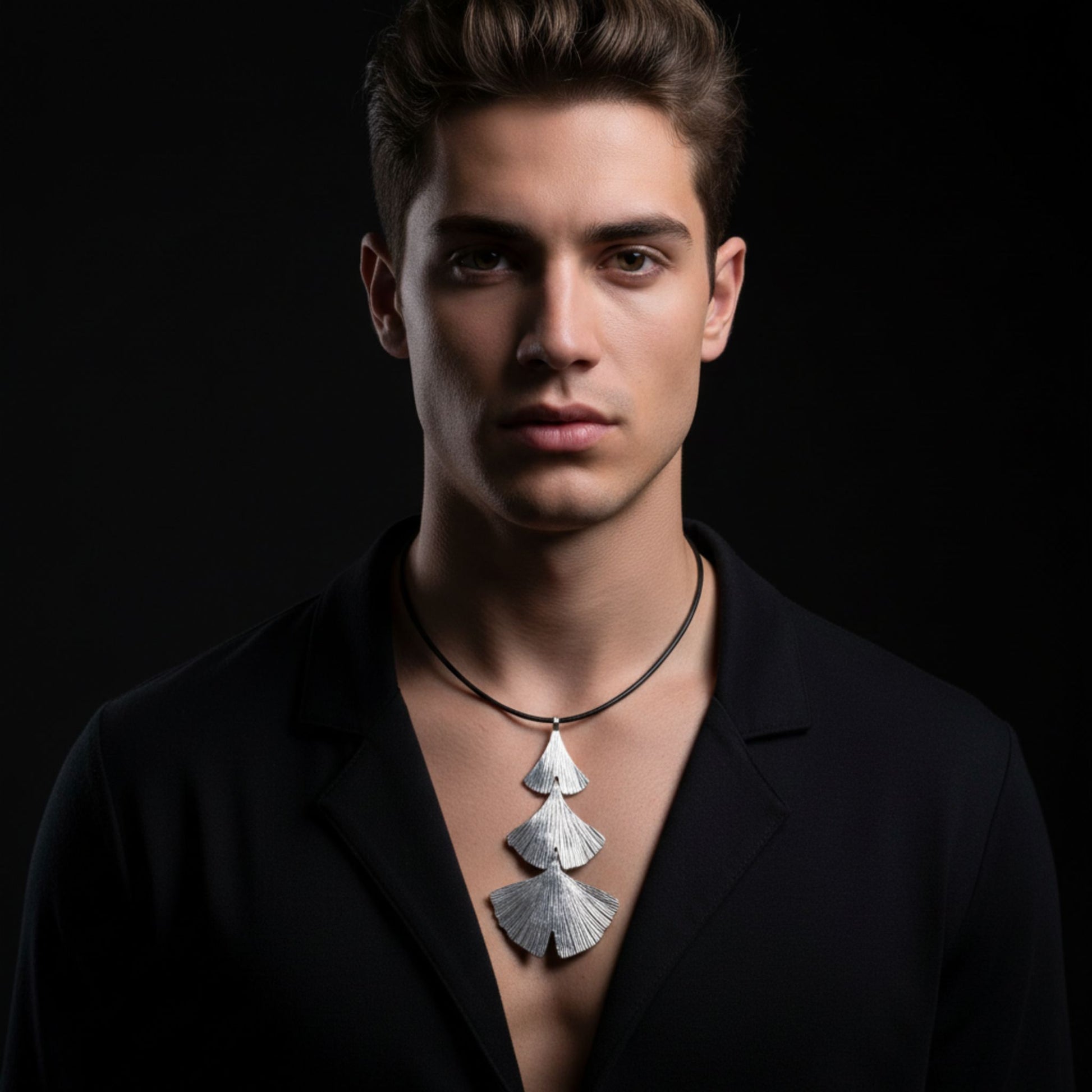 Hombre luciendo collar unisex de zamak hipoalergénico con colgantes Ginkgo o sirena
