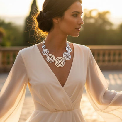 Mujer luciendo collar unisex de zamak plateado con medallones de espirale