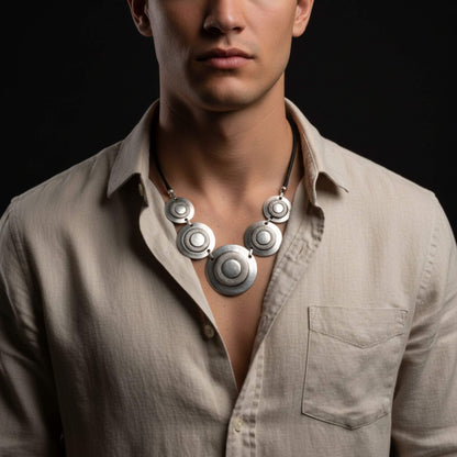 Hombre luciendo collar unisex de zamak con medallones circulares y cordón negro
