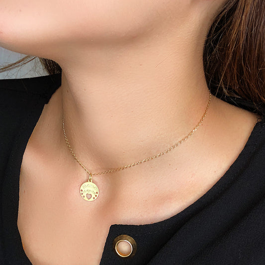 18K COLGANTE ORO AMARILLO REDONDO MAMA TE QUIERO CON CORAZONE CALADOS 15 MM