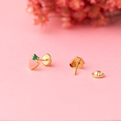 18K PENDIENTES ORO AMARILLO FRESA ESMALTE ROSA 6 X 5 MM. CIERRE TUERCA
