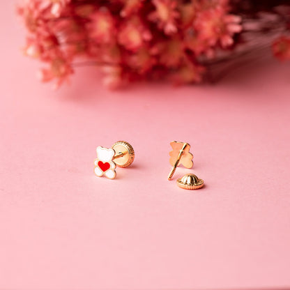 18K PENDIENTES ORO AMARILLO OSO ESMALTE BLANCO Y CORAZON. 6 X 4.5 MM. CIERRE TUERCA