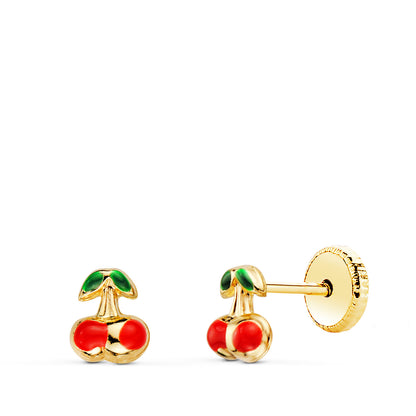 18K PENDIENTES ORO AMARILLO CEREZAS ESMALTE 5X4 MM. CIERRE TUERCA