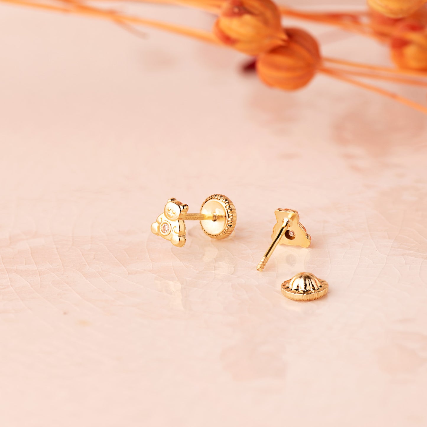 18K PENDIENTES ORO AMARILLO OSO CON CIRCONITA 4,5 X 4,5 MM. CIERRE TUERCA