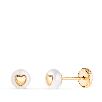 18K PENDIENTES ORO AMARILLO PERLA CON INTERIOR DE CORAZON. MEDIDA: 5 MM. CIERRE TUERCA