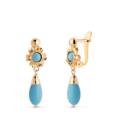 18K PENDIENTES ORO AMARILLO CUBANAS LAGRIMA TURQUESA. MEDIDA: 22X7 MM. CIERRE CATALAN