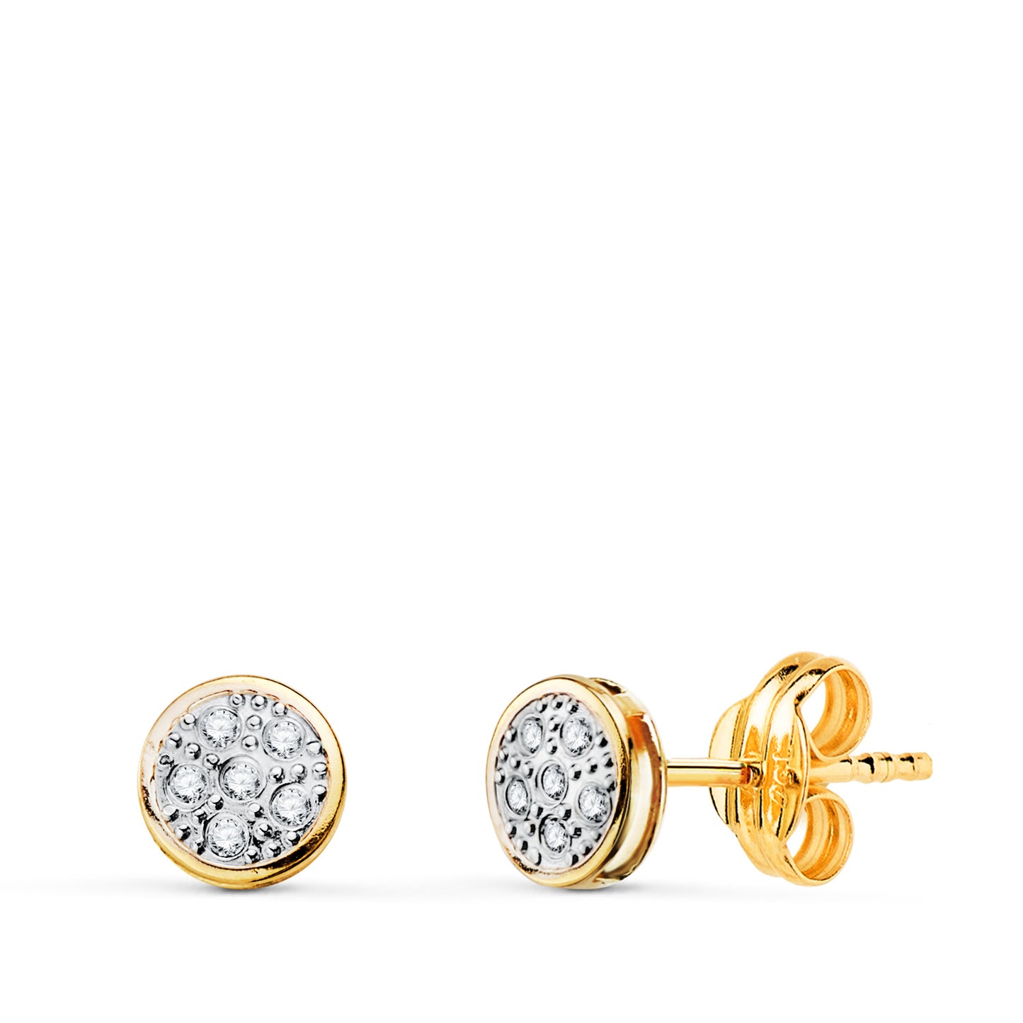 18K PENDIENTES ORO BICOLOR REDONDOS CON CIRCONITAS: MEDIDA: 5X5MM. CIERRE PRESION