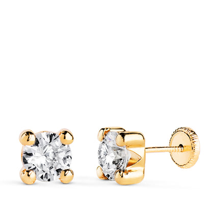 18K PENDIENTES ORO AMARILLO CIRCONITA 6MM CON 4 GARRAS. ANCHO: 6,5 MM. CIERRE TUERCA
