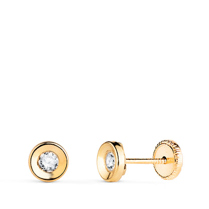 18K PENDIENTES ORO AMARILLO CHATON REDONDO CONCAVO CON CIRCONITA. ANCHO: 5 MM. CIERRE TUERCA