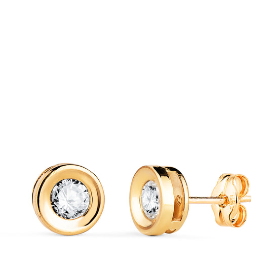 18K PENDIENTES ORO AMARILLO CHATON REDONDO CONCAVO CON CIRCONITA. ANCHO: 7 MM. CIERRE PRESION