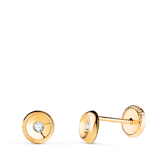 18K PENDIENTES ORO AMARILLO CHATON REDONDOS CON CIRCONITA. MEDIDA: 5 MM. CIERRE TUERCA