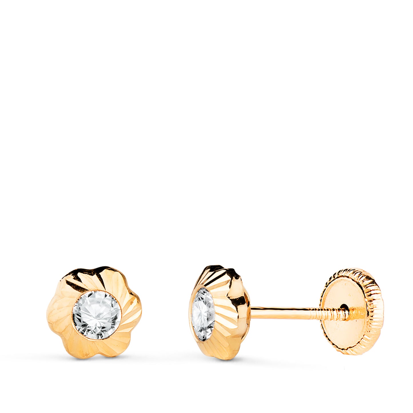 18K PENDIENTES ORO AMARILLO CHATON FLOR ORLA TALLADA CIRCONITA. MEDIDA: 5,5MM CIERRE TUERCA