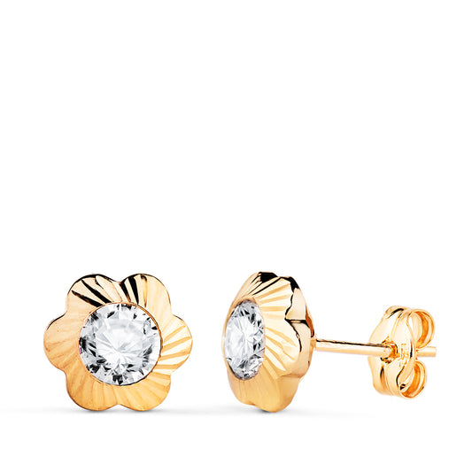 18K PENDIENTES ORO AMARILLO CHATON FLOR ORLA TALLADA CIRCONITA. MEDIDA: 9MM CIERRE PRESION