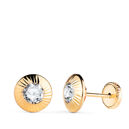 18K PENDIENTES ORO AMARILLO CHATON REDONDOS ORLA TALLADA CIRCONITA. MEDIDA: 9MM. CIERRE TUERCA