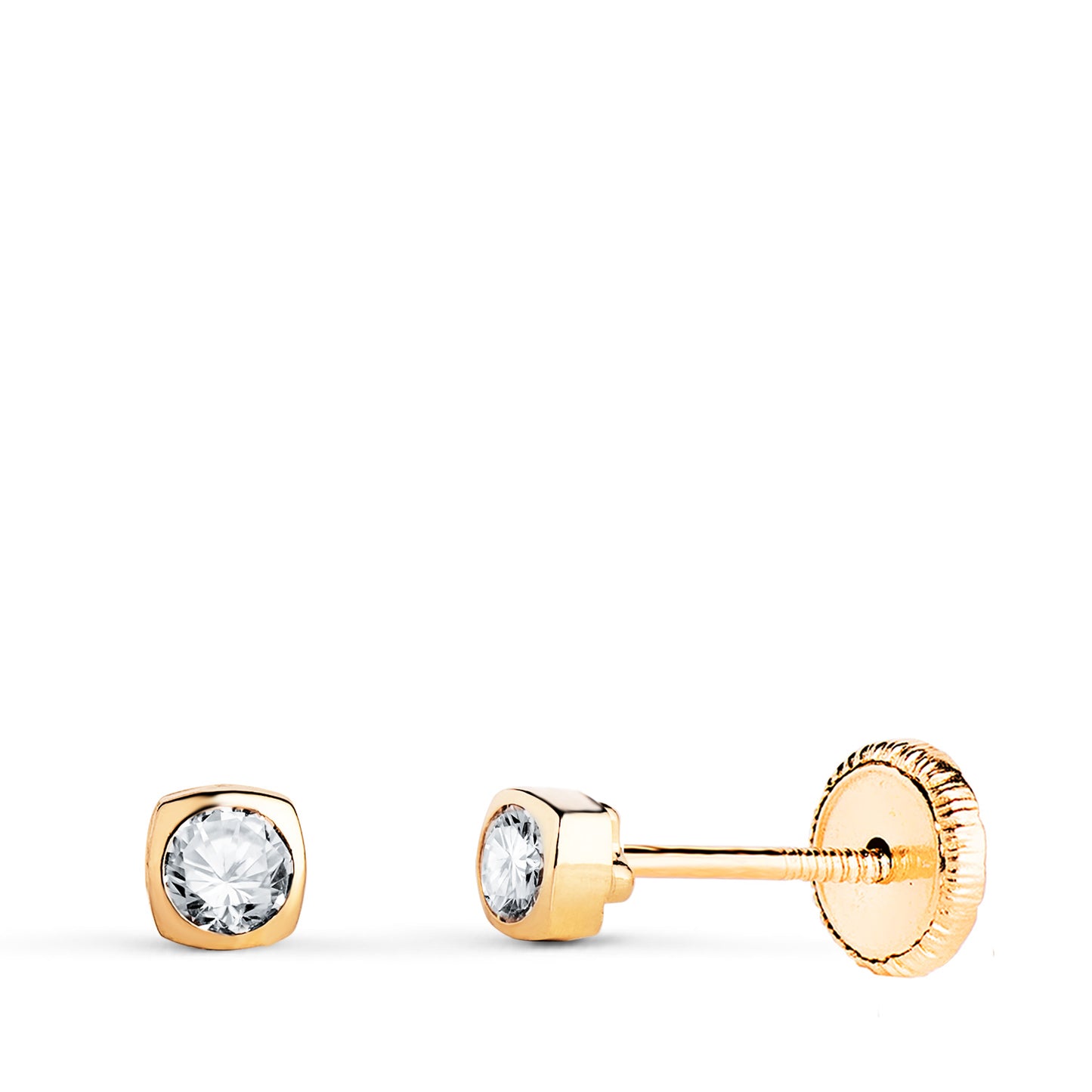18K PENDIENTES ORO AMARILLO CHATON CUADRADOS CON CIRCONITA. MEDIDA: 3X3MM. CIERRE TUERCA