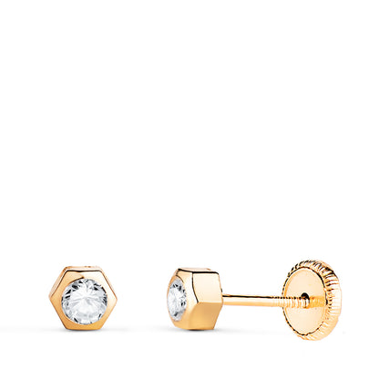 18K PENDIENTES ORO AMARILLO CHATON HEXAGONO CON CIRCONITA. MEDIDA: 3,5 X 3 MM. CIERRE TUERCA