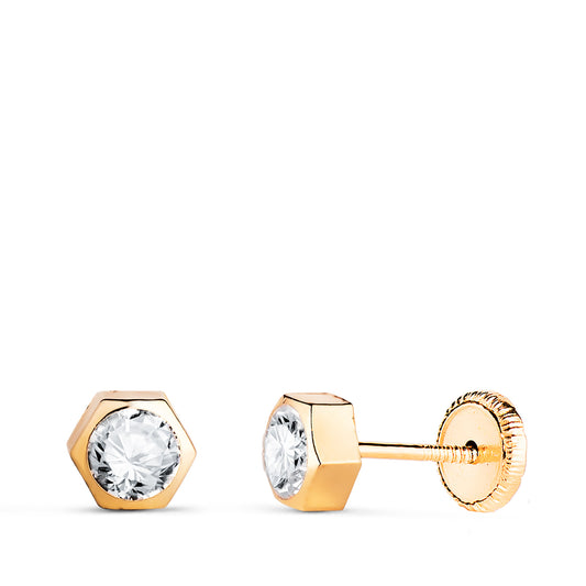18K PENDIENTES ORO AMARILLO CHATON HEXAGONO CON CIRCONITA. MEDIDA: 5 X 4,5 MM. CIERRE TUERCA