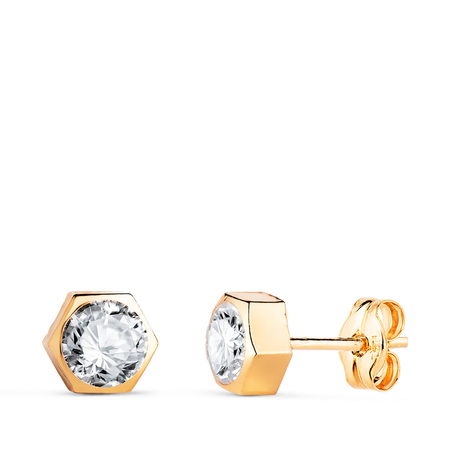 18K PENDIENTES ORO AMARILLO CHATON HEXAGONO CON CIRCONITA. MEDIDA: 6 X 5,5 MM. CIERRE PRESION