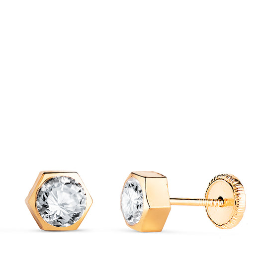18K PENDIENTES ORO AMARILLO CHATON HEXAGONO CON CIRCONITA. MEDIDA: 6 X 5,5 MM. CIERRE TUERCA
