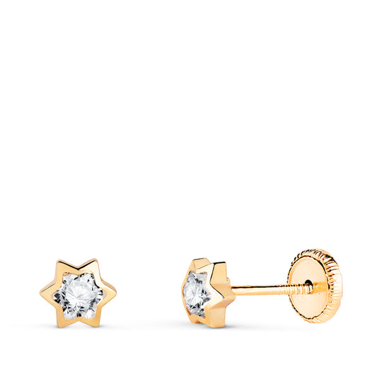 18K PENDIENTES ORO AMARILLO CHATON ESTRELLA CON CIRCONITA. MEDIDA: 4,5 X 4 MM. CIERRE TUERCA