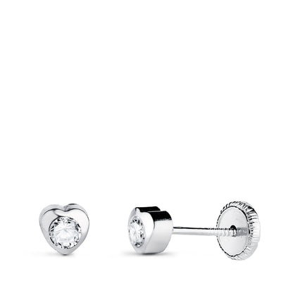 18K PENDIENTES ORO BLANCO CHATON CORAZON CON CIRCONITA. MEDIDA: 4 X 4 MM CIERRE TUERCA