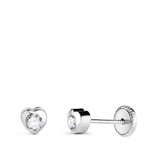 18K PENDIENTES ORO BLANCO CHATON CORAZON CON CIRCONITA. MEDIDA: 4 X 4 MM CIERRE TUERCA