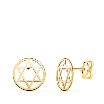18K PENDIENTES ORO AMARILLO REDONDOS ESTRELLA DE DAVID BRILLO 8 MM. CIERRE PRESION