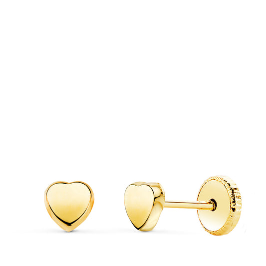 18K PENDIENTES ORO AMARILLO CORAZON LISO EN BRILLO 4X4 MM. CIERRE TUERCA