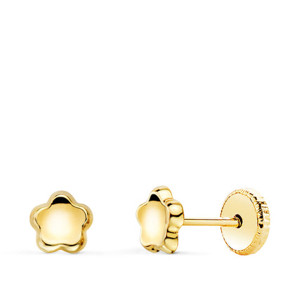 18K PENDIENTES ORO AMARILLO FLOR CONCAVO EN BRILLO 5X5 MM. CIERRE TUERCA