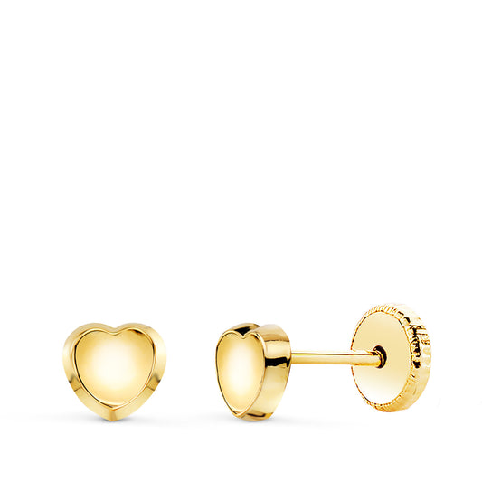 18K PENDIENTES ORO AMARILLO CORAZON REDONDO CONCAVO EN BRILLO 5X5 MM. CIERRE TUERCA