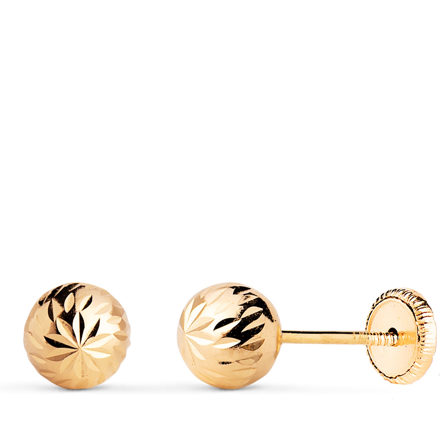 18K PENDIENTES ORO AMARILLO BOLA TALLADA HUECA. ANCHO: 6 MM. CIERRE TUERCA