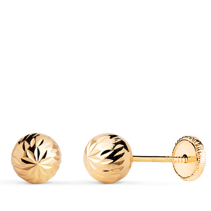 18K PENDIENTES ORO AMARILLO BOLA TALLADA HUECA. ANCHO: 6 MM. CIERRE TUERCA