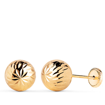 18K PENDIENTES ORO AMARILLO BOLA TALLADA HUECA. ANCHO: 8 MM. CIERRE TUERCA