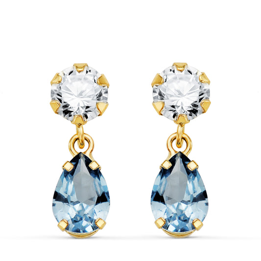 18K PENDIENTES ORO AMARILLO DOS CUERPOS CON CIRCONITA Y AGUAMARINA LAGRIMA 16 X 5MM. CIERRE PRESION