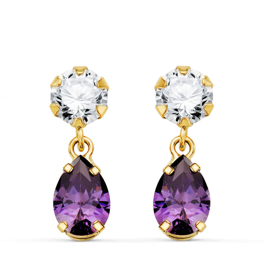 18K PENDIENTES ORO AMARILLO DOS CUERPOS CON CIRCONITA Y AMATISTA LAGRIMA 16 X 5MM. CIERRE PRESION