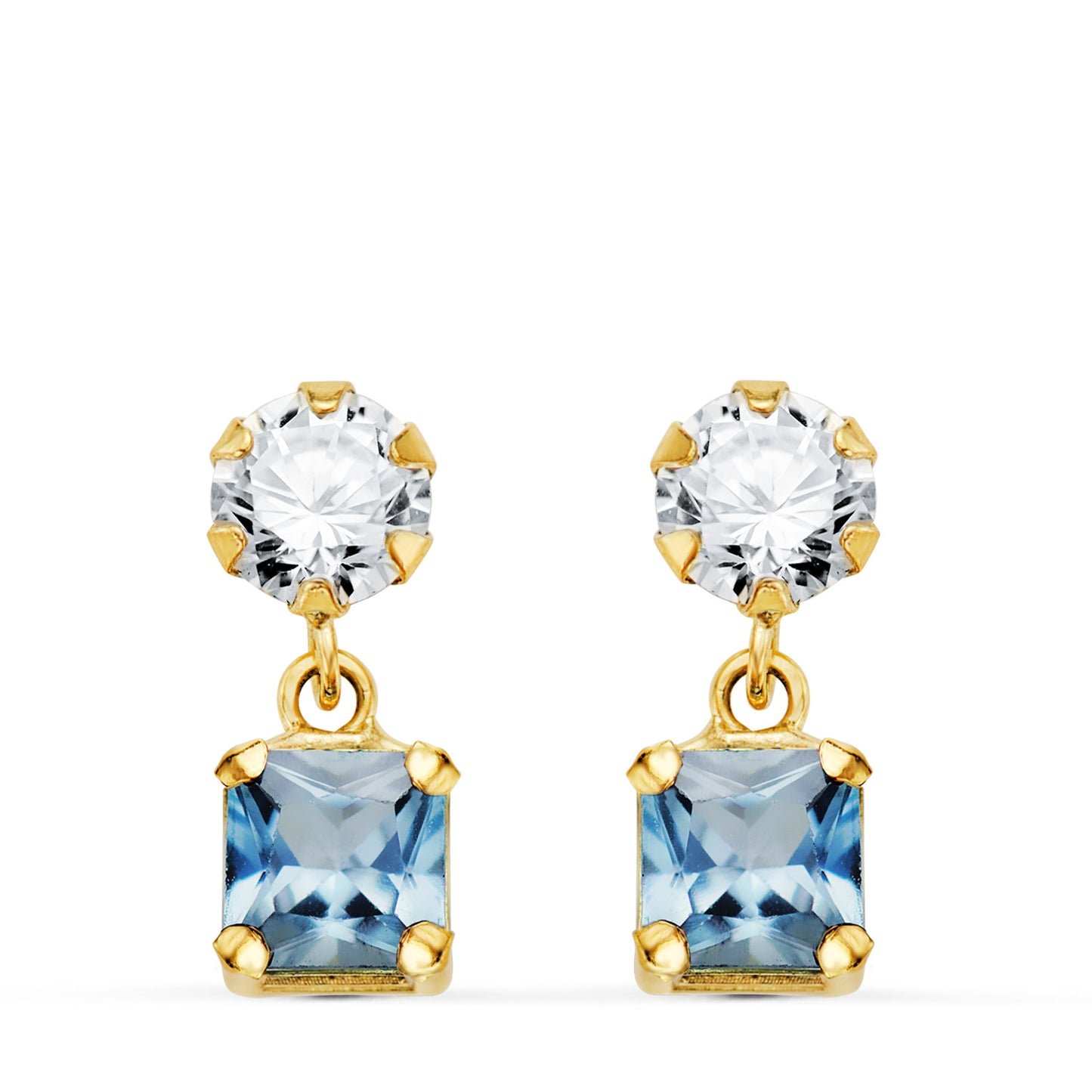 18K PENDIENTES ORO AMARILLO DOS CUERPOS CON CIRCONITA Y AGUA MARINA CUADRADA 14 X 5MM. CIERRE PRESION