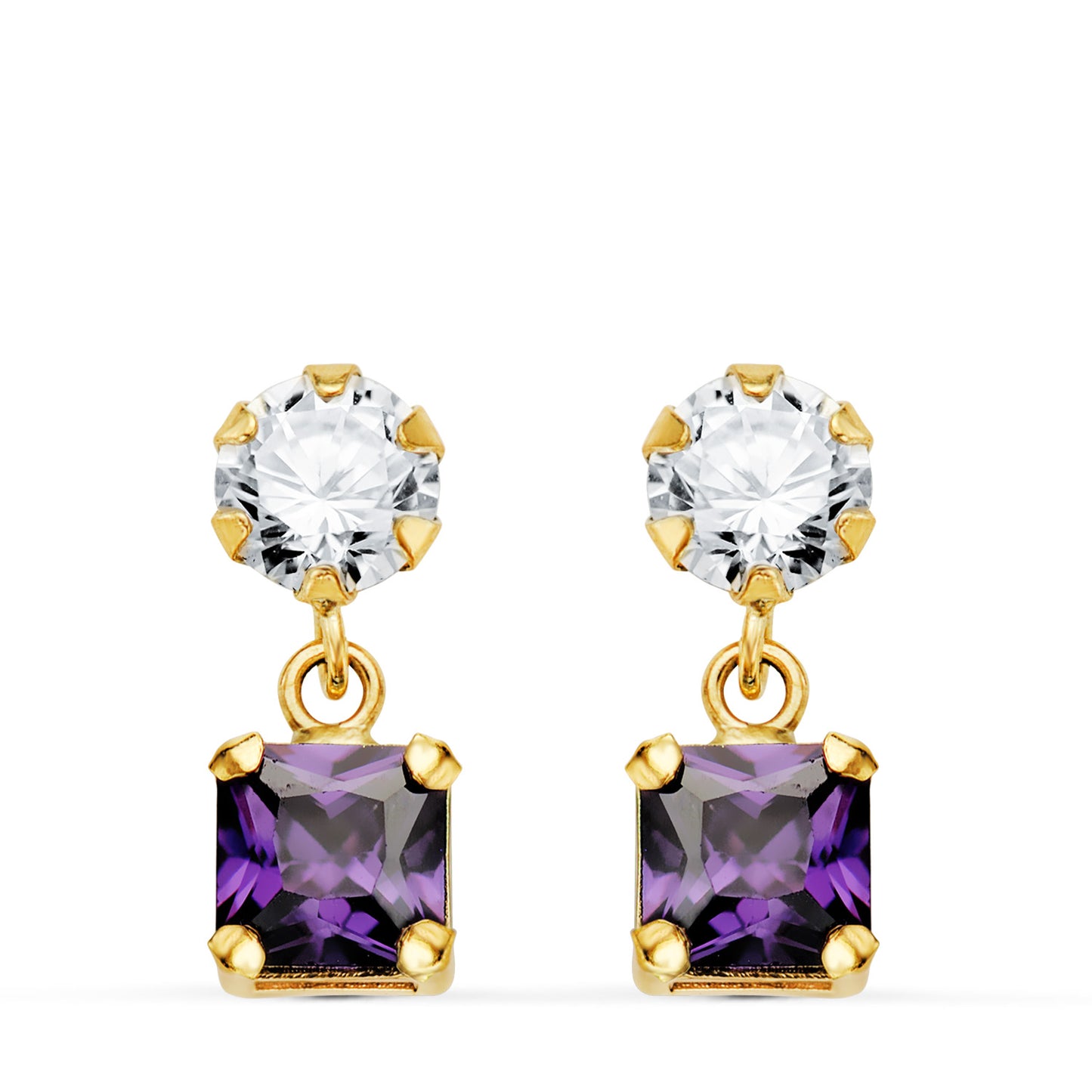 18K PENDIENTES ORO AMARILLO DOS CUERPOS CON CIRCONITA Y AMATISTA CUADRADA 14 X 5MM. CIERRE PRESION