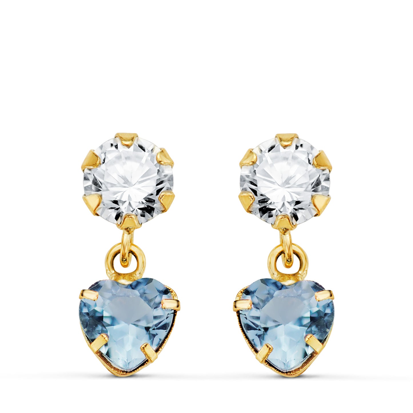 18K PENDIENTES ORO AMARILLO DOS CUERPOS CON CIRCONITA Y AGUAMARINA CORAZON 14 X 5MM. CIERRE PRESION