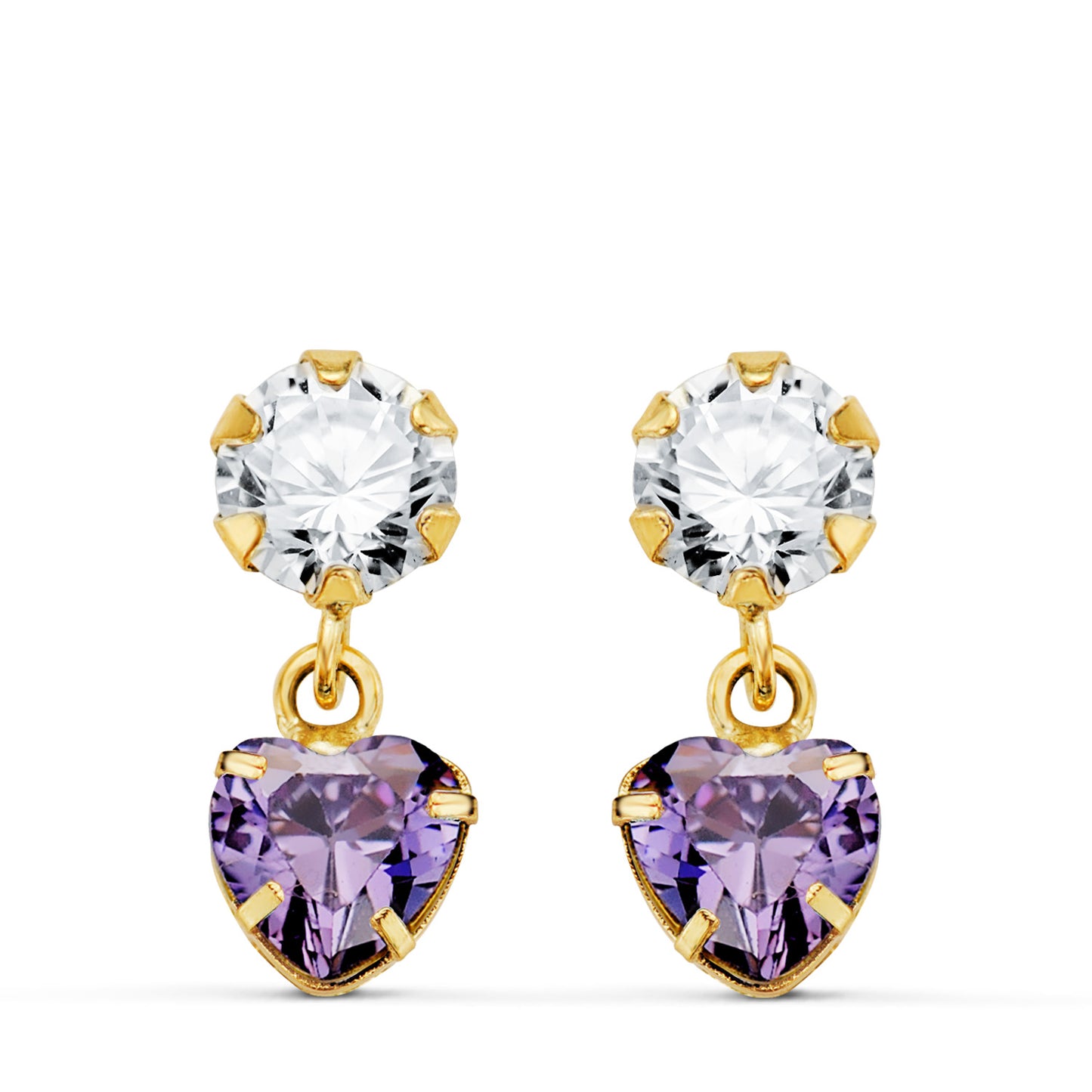 18K PENDIENTES ORO AMARILLO DOS CUERPOS CON CIRCONITA Y AMATISTA CORAZON 14 X 5MM. CIERRE PRESION