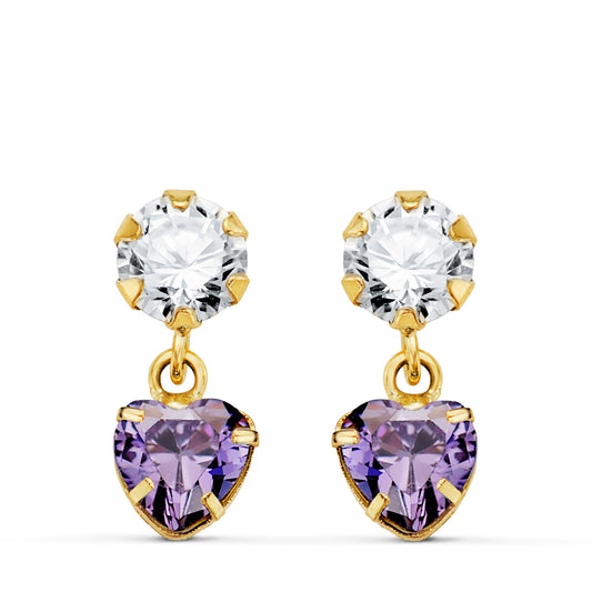 18K PENDIENTES ORO AMARILLO DOS CUERPOS CON CIRCONITA Y AMATISTA CORAZON 14 X 5MM. CIERRE PRESION