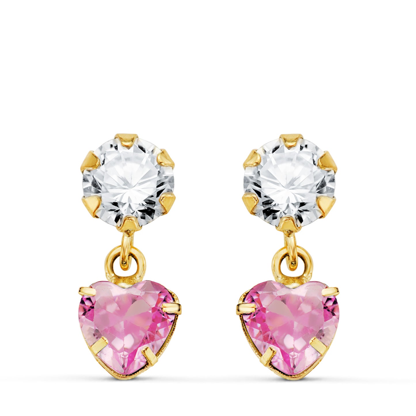 18K PENDIENTES ORO AMARILLO DOS CUERPOS CON CIRCONITA Y PIEDRA ROSA CORAZON 14 X 5MM. PRESION