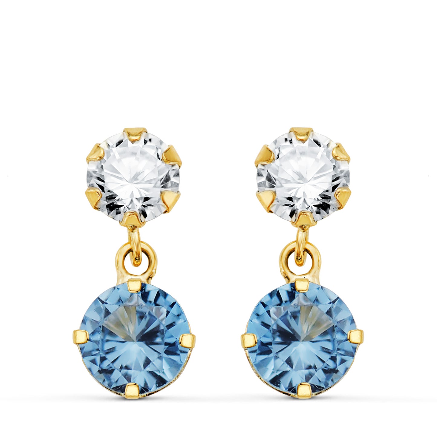 18K PENDIENTES ORO AMARILLO DOS CUERPOS CON CIRCONITA Y AGUAMARINA REDONDA 15 X 6MM. CIERRE PRESION